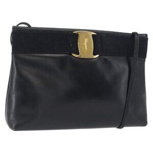 Authentic Salvatore Ferragamo Vala Shoulder Bag Leather Navy Gold